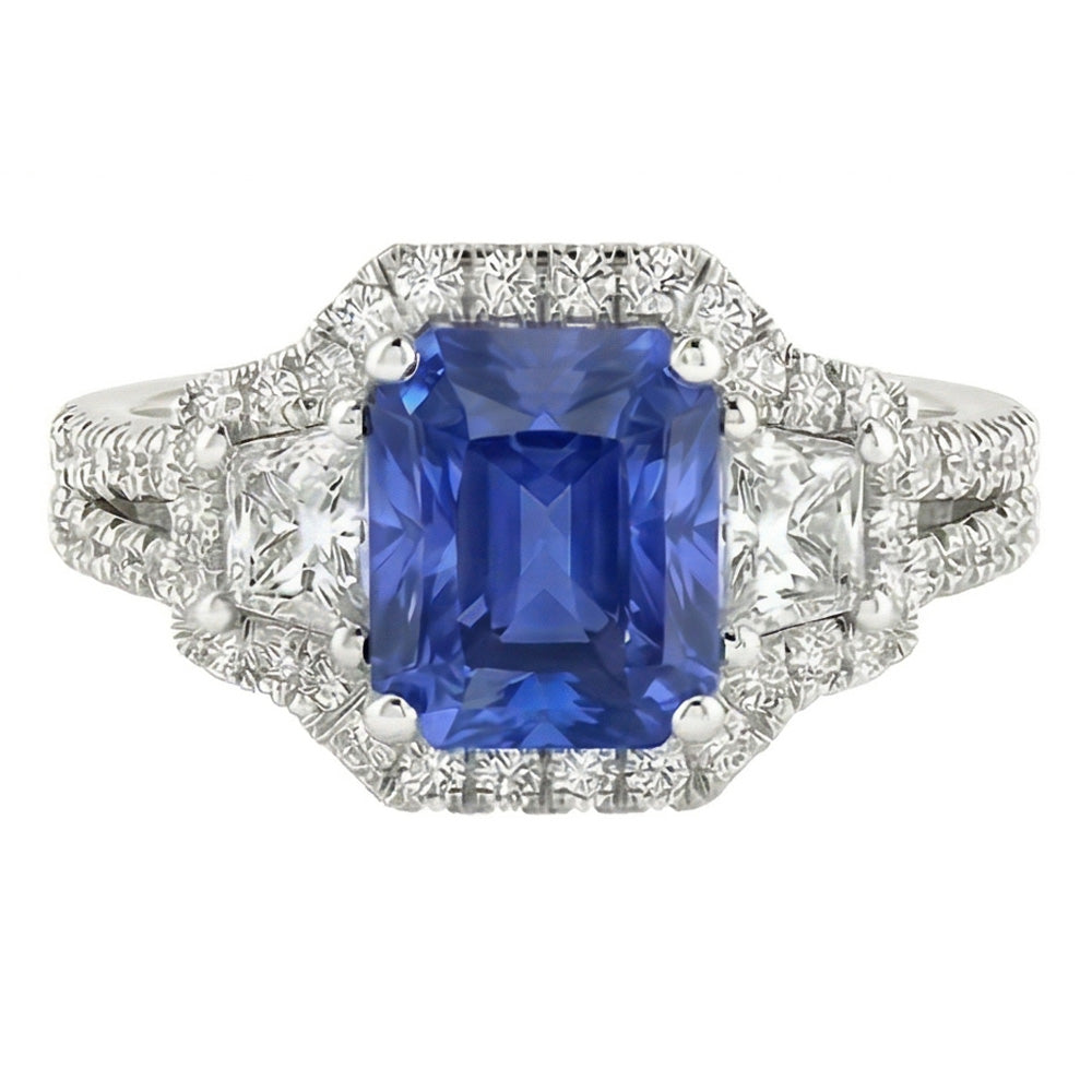 Round & Trapezoid Natural Earth Mined Diamond Halo Sapphire Engagement Ring 4 Carats