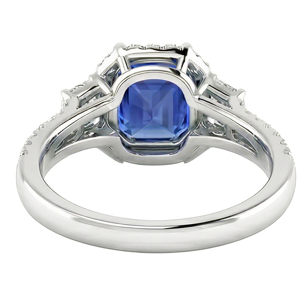 Round & Trapezoid Natural Earth Mined Diamond Halo Sapphire Engagement Ring 4 Carats
