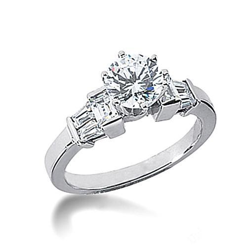 Round and Baguette Natural Diamond Engagement Ring White Gold 1.60 Carats New