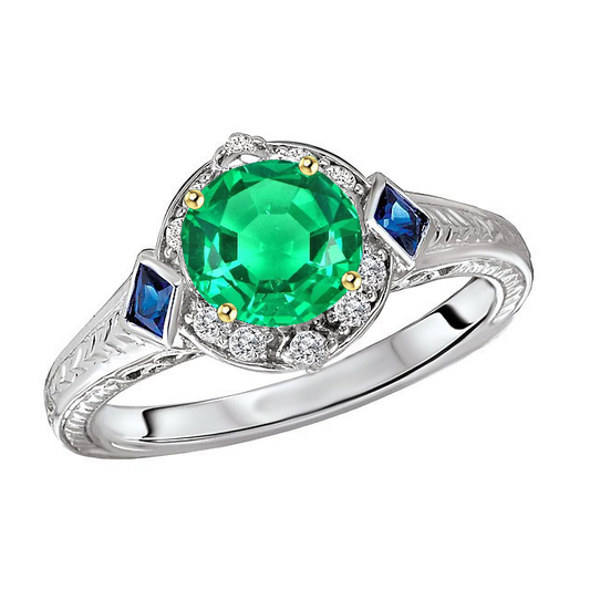 Fine Emerald Round Cut Gemstone Ring in 14K Two Tone Gold – main view