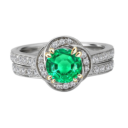 Fine Emerald Round Brilliant Gemstone Ring in Two-Tone 14K Gold – main view