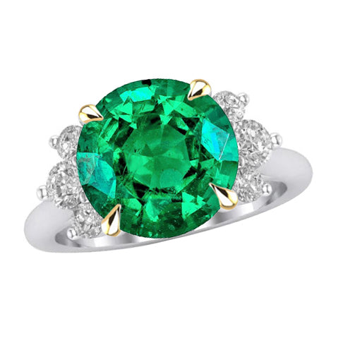 Fine Emerald Round Brilliant Precious Stone Ring in 14K Two Tone Gold – main view