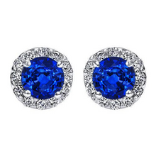 Round Cut Halo Sapphire And Diamond Stud Earring White Gold 14K