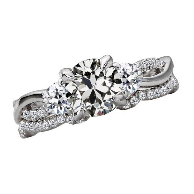 Diamond Old Mine Cut Solitaire with Side Stones in 14 Karat White Gold – main view