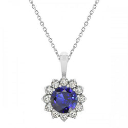 Round Cut Royal Blue Sapphire Stone Pendant Necklace in 14K
