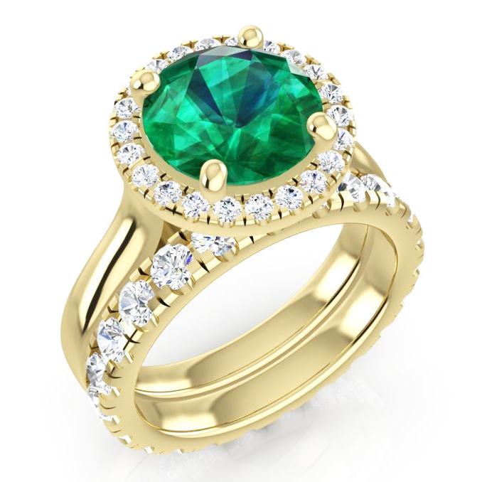 Round Green Emerald Yellow Gold Ring Set