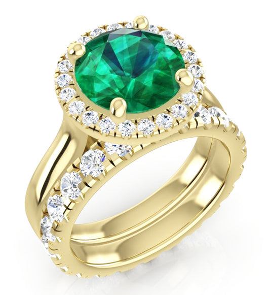 Round Green Emerald Yellow Gold Ring Set