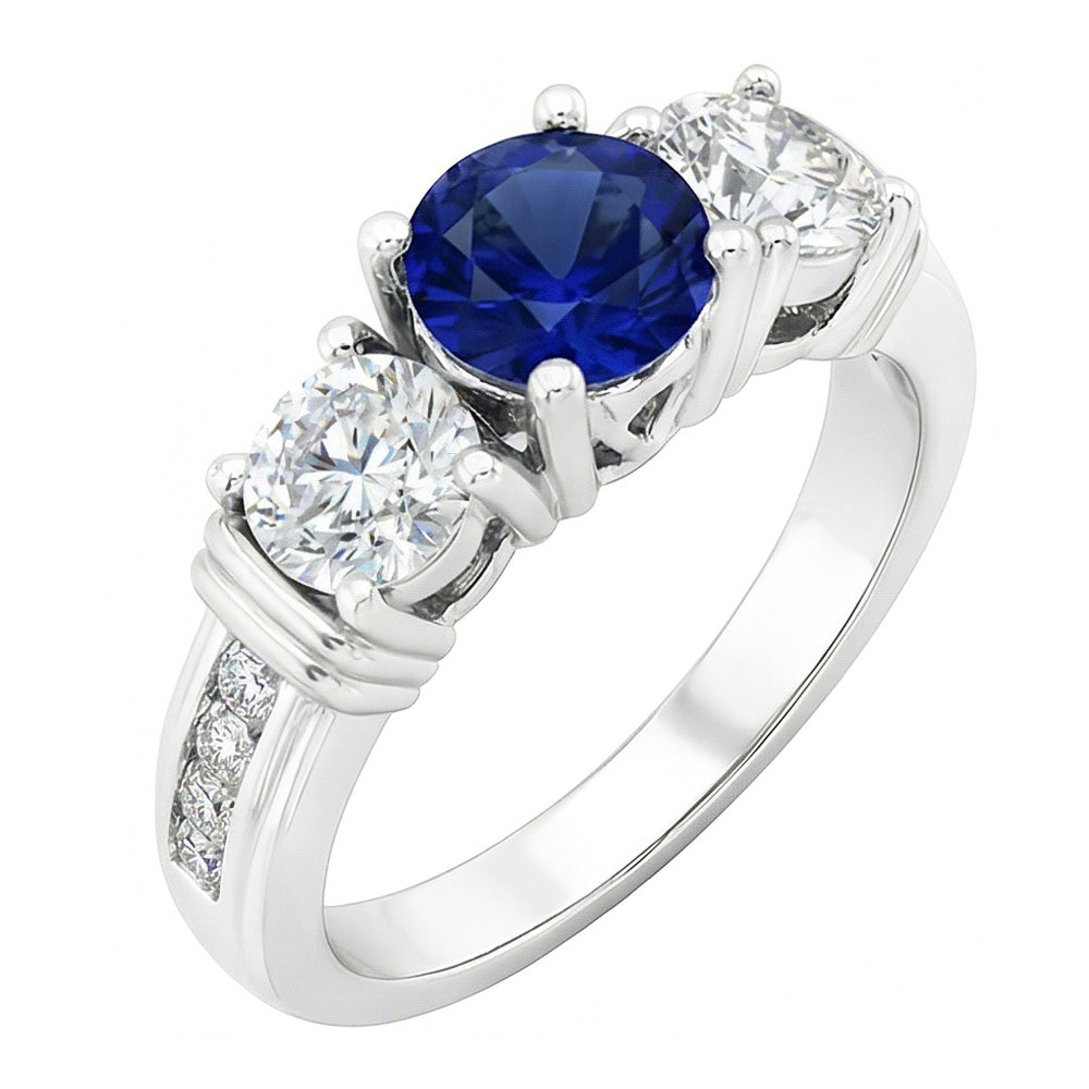 Round Natural Earth Mined Diamond Bezel Set Blue Sapphire Ring 3 Carats White Gold 14K