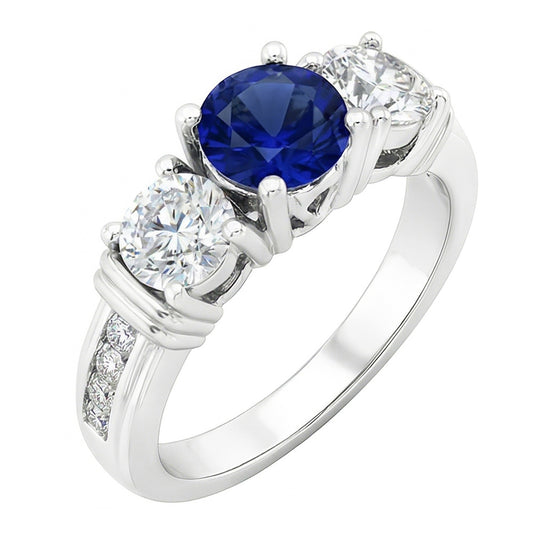 Round Natural Earth Mined Diamond Bezel Set Blue Sapphire Ring 3 Carats White Gold 14K