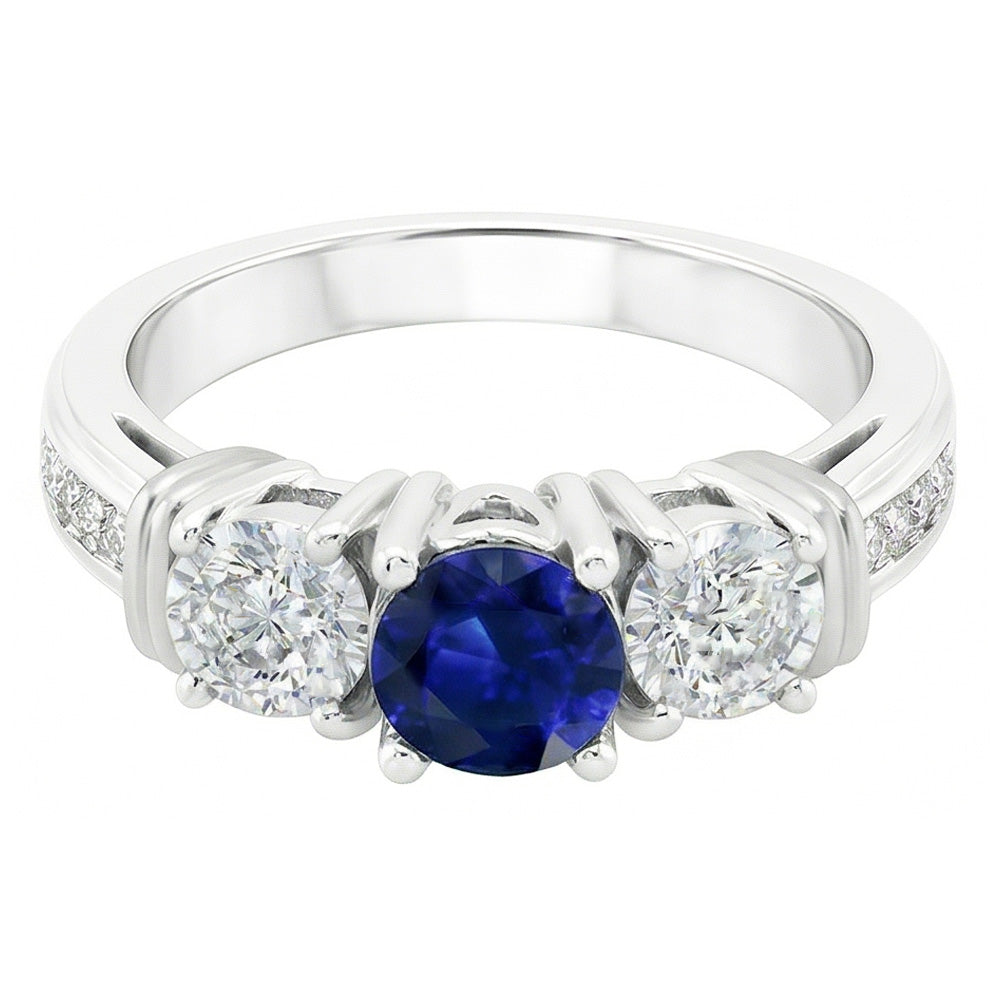 Round Natural Earth Mined Diamond Bezel Set Blue Sapphire Ring 3 Carats White Gold 14K