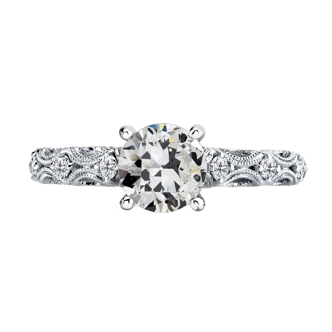 Diamond Antique Cushion Solitaire with Side Stones in 14K White Gold – main view