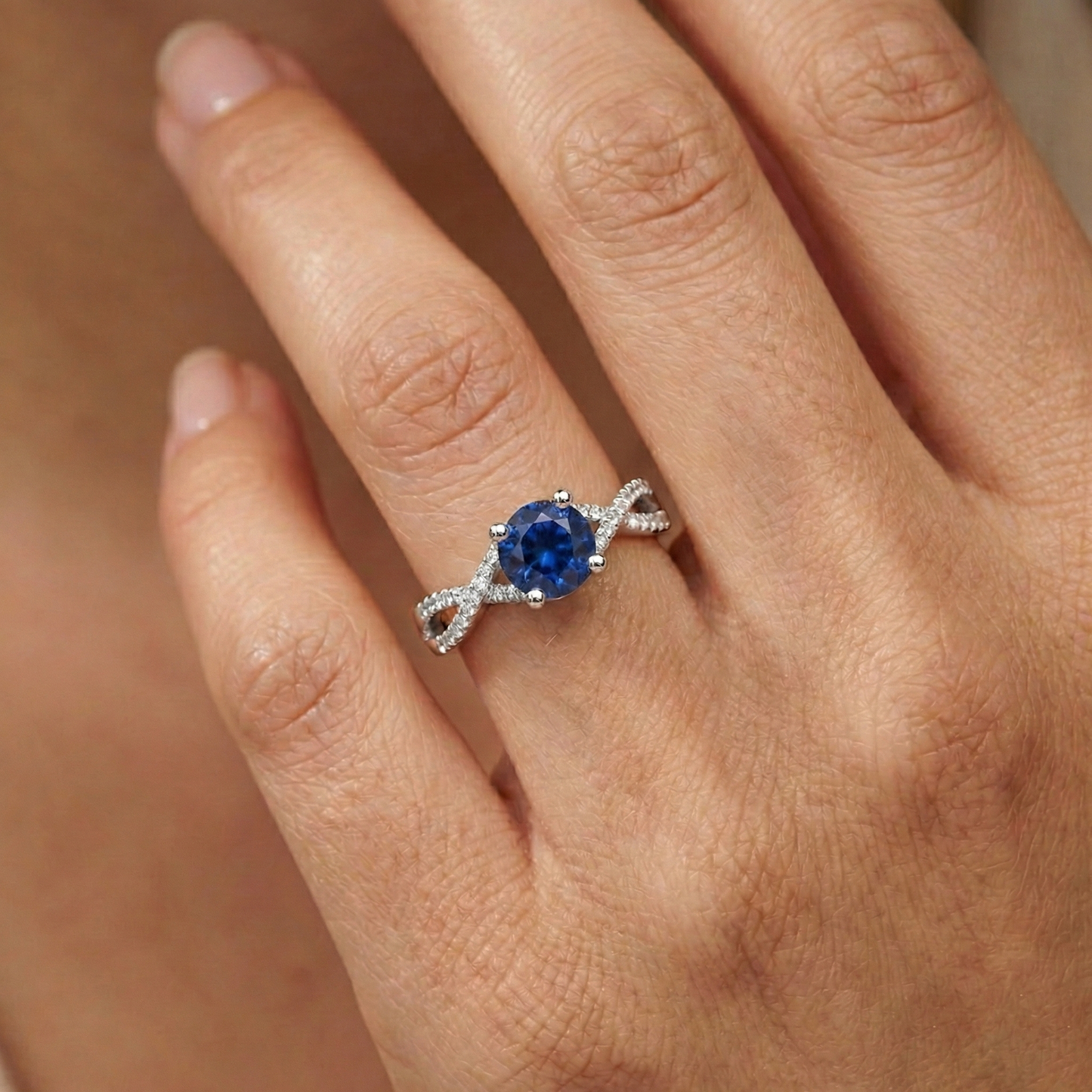 Round Sapphire And Natural Earth Mined Diamond Engagement Ring