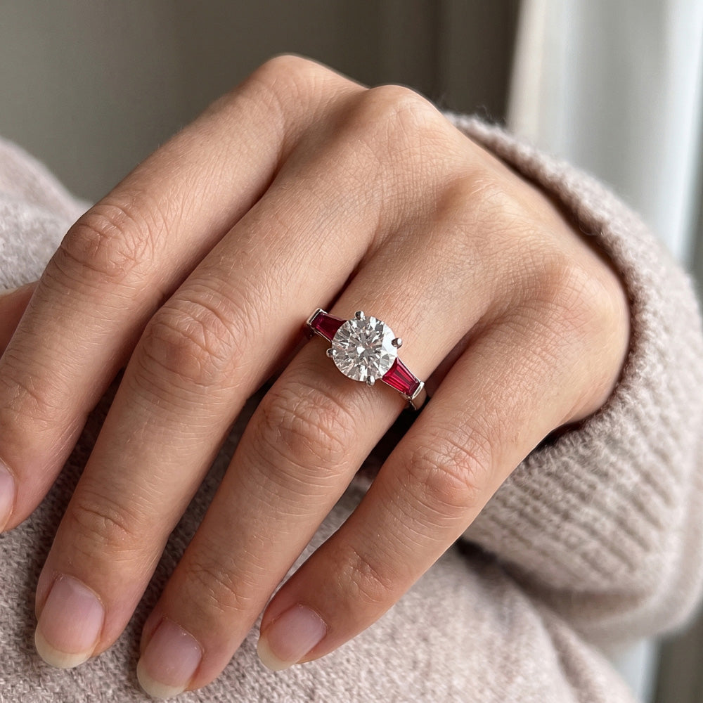 Ruby & Real Natural Earth Mined Diamond Trilogy Ring 3.20 Carats Old Cut 14K Gold
