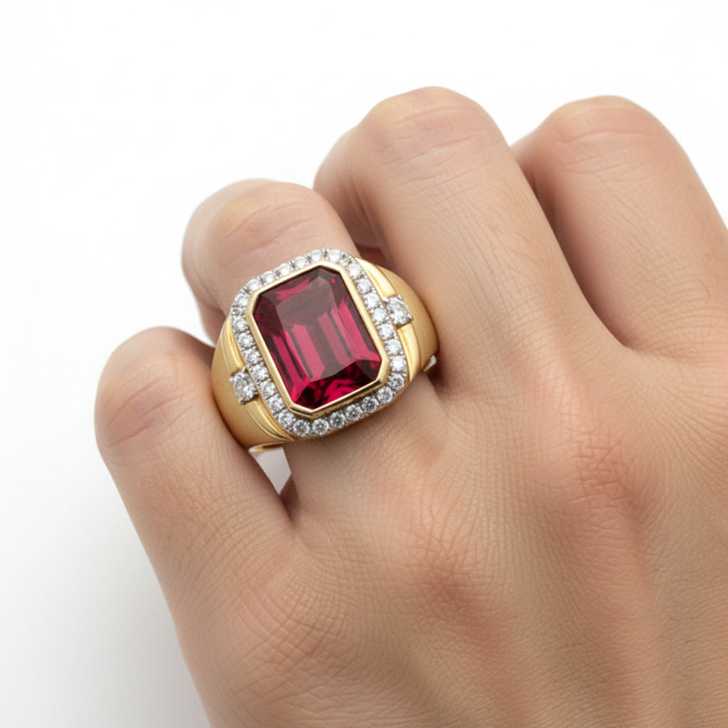 Burmese Ruby Radiant Cut Men's Ring in 10K Yellow Gold – angle view