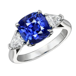 Sapphire 3 Stone Ring With Trillion Natural Earth Mined Diamonds