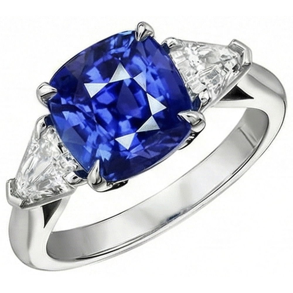 Sapphire 3 Stone Ring With Trillion Natural Earth Mined Diamonds