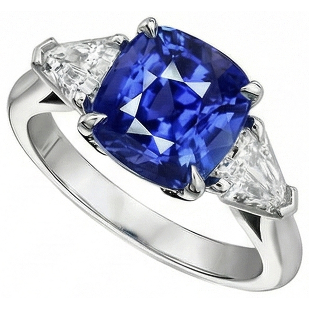Sapphire 3 Stone Ring With Trillion Natural Earth Mined Diamonds