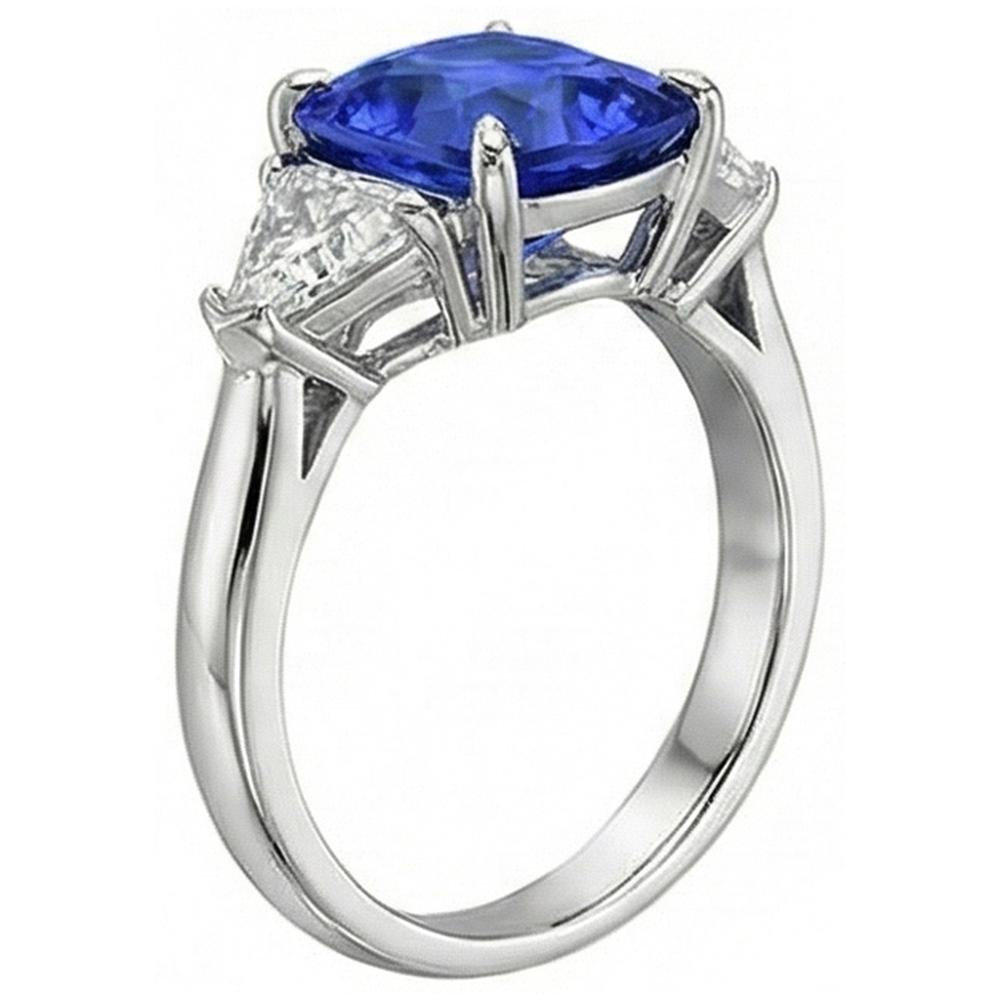 Sapphire 3 Stone Ring With Trillion Natural Earth Mined Diamonds