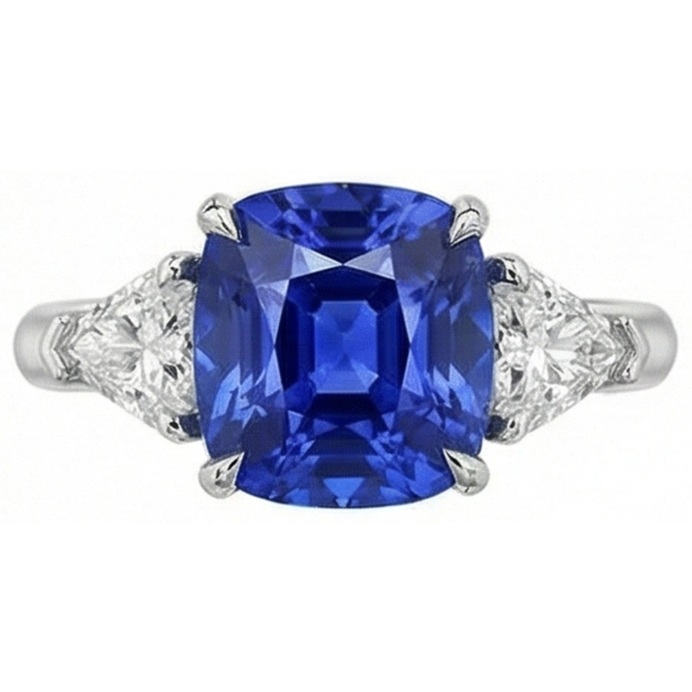Sapphire 3 Stone Ring With Trillion Natural Earth Mined Diamonds