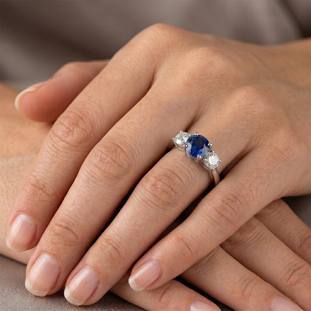 Sapphire And Natural Earth Mined DIAMOND ( NOT LAB GROWN ) 3 Stone Ring