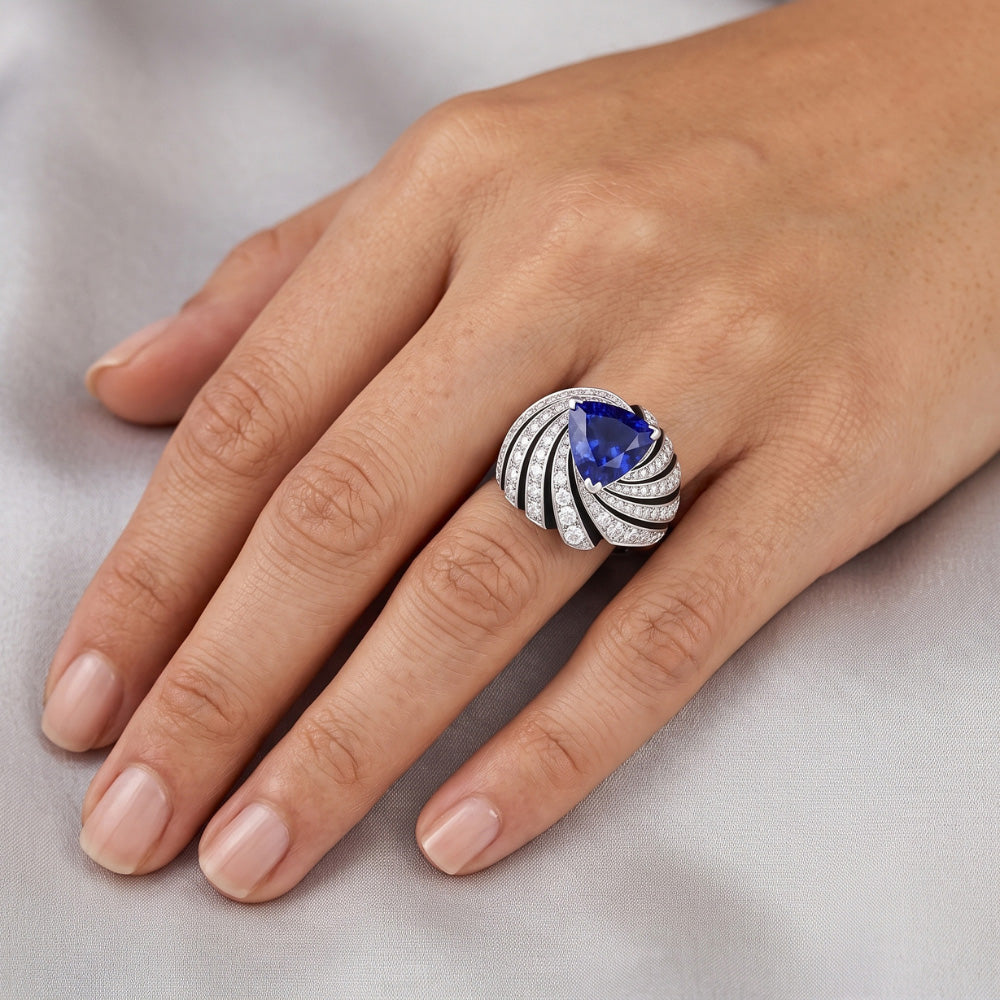 Sapphire And Natural Earth Mined Diamond Ladies Cocktail Ring