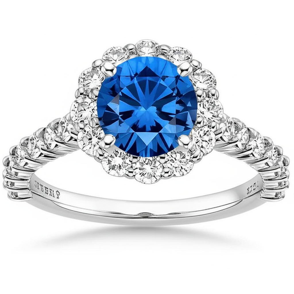 Sapphire And Natural Earth Mined Diamond Ring White Gold Fine Jewellery Round Cut 3.40 Ct