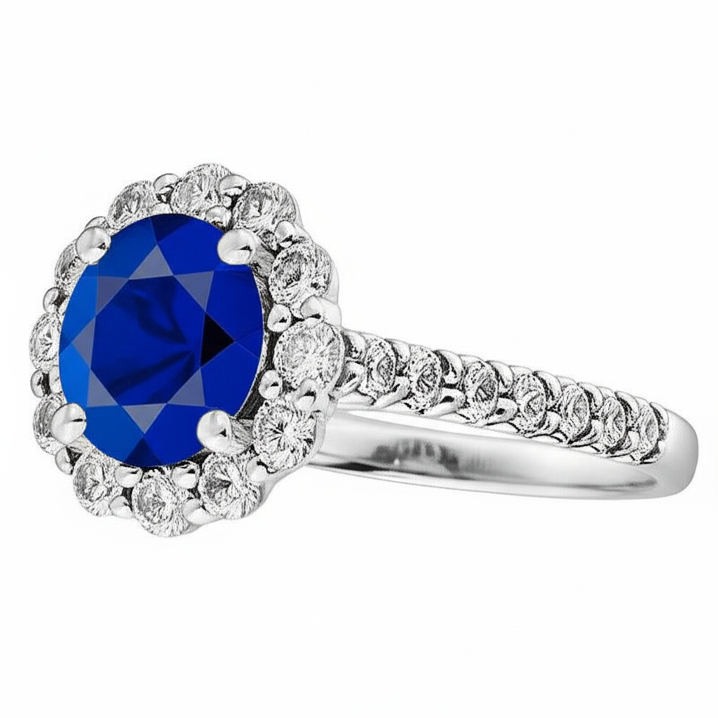 Sapphire And Natural Earth Mined Diamond Ring White Gold Fine Jewellery Round Cut 3.40 Ct