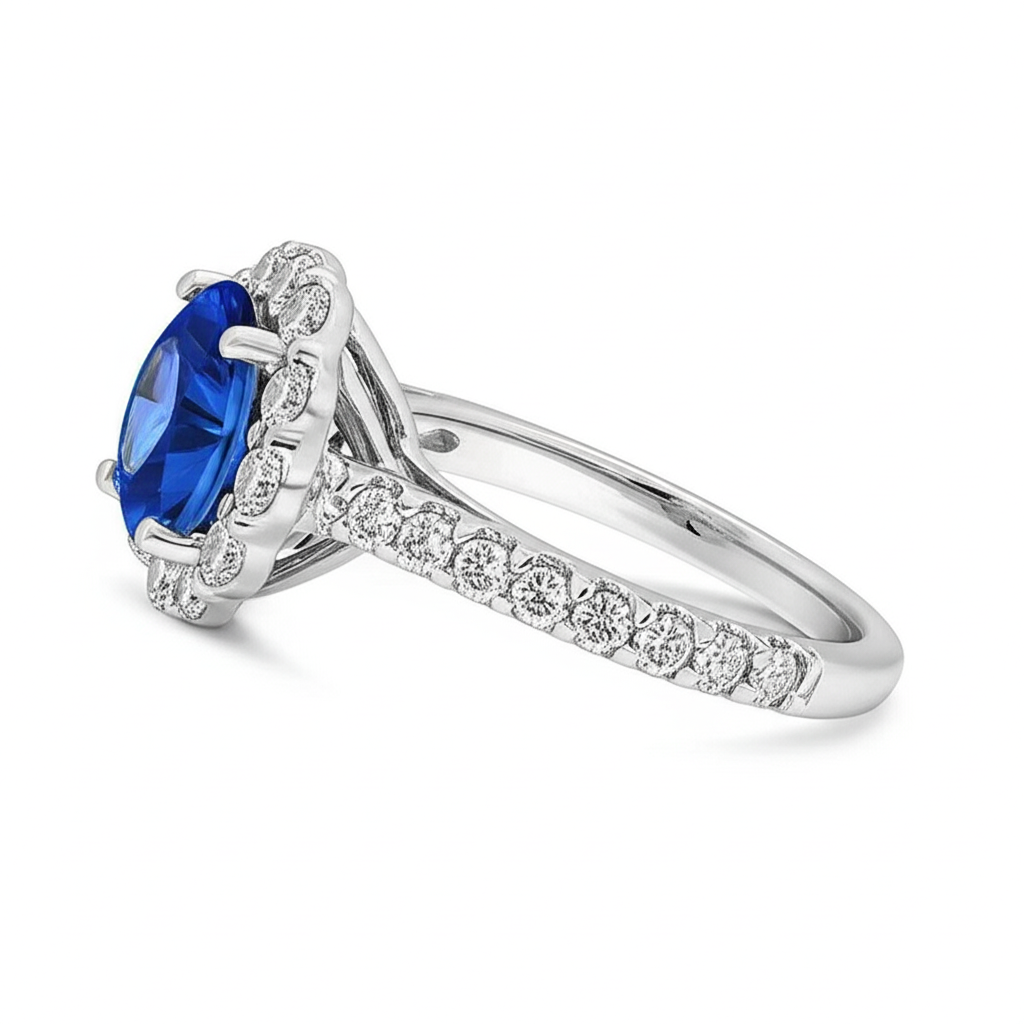Sapphire And Natural Earth Mined Diamond Ring White Gold Fine Jewellery Round Cut 3.40 Ct