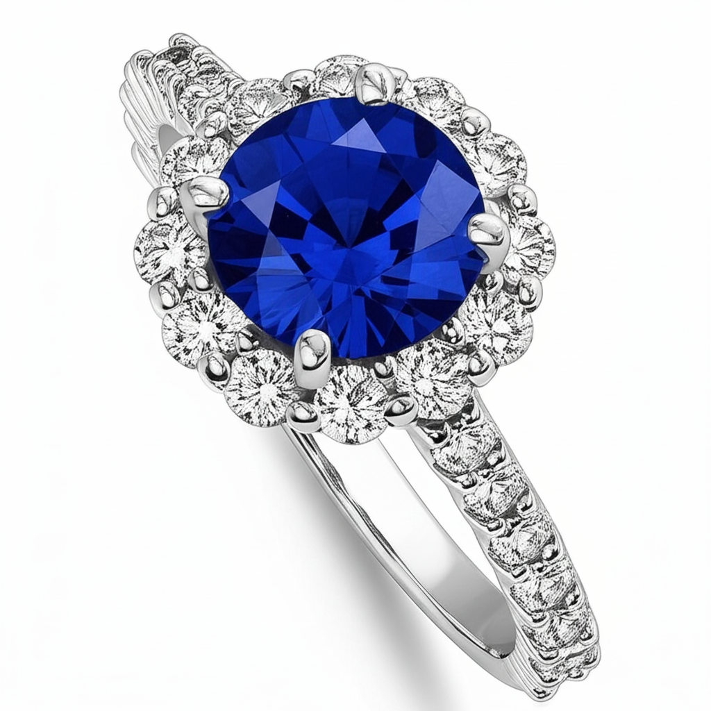 Sapphire And Natural Earth Mined Diamond Ring White Gold Fine Jewellery Round Cut 3.40 Ct