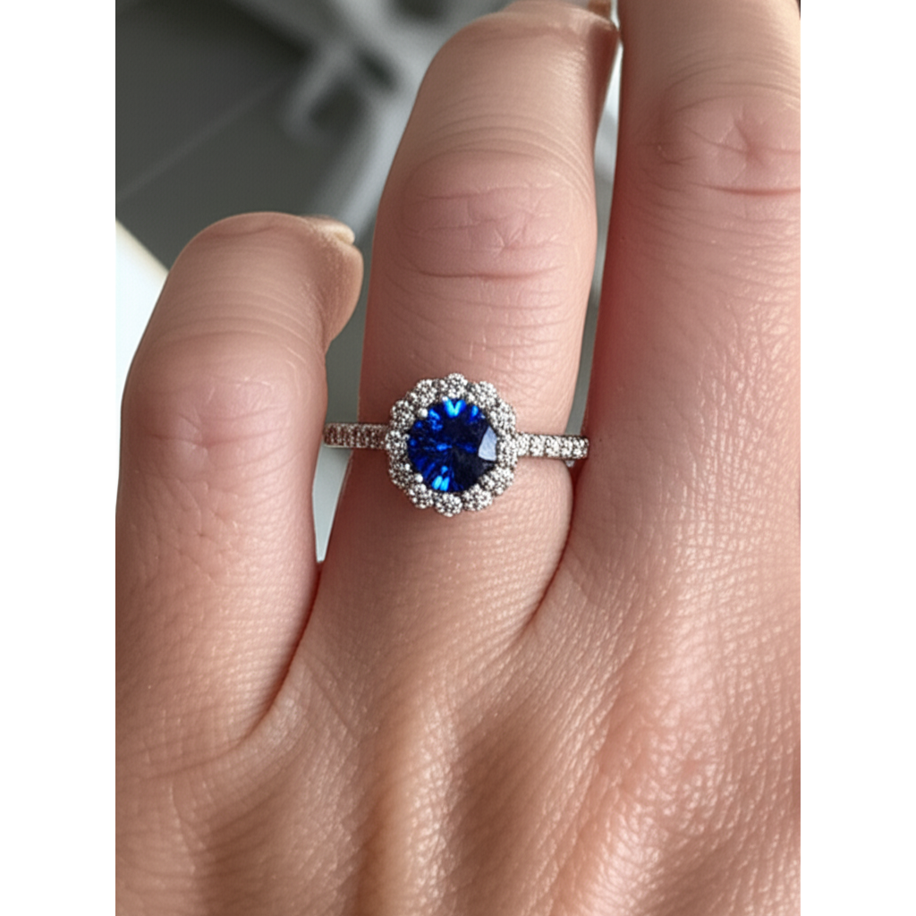 Sapphire And Natural Earth Mined Diamond Ring White Gold Fine Jewellery Round Cut 3.40 Ct