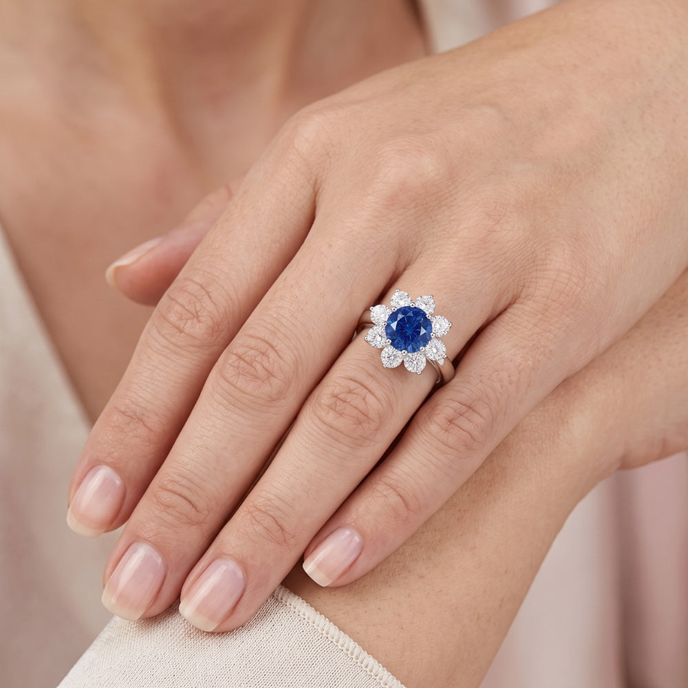 Sapphire And Natural Earth Mined Diamonds Round Cut 2.45 Ct Wedding Ring White Gold 14K