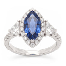 Sapphire Engagement Ring 3 Carat Genuine Marquise Blue Halo Three Stone Platinum