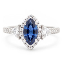 Sapphire Engagement Ring 3 Carat Genuine Marquise Blue Halo Three Stone Platinum
