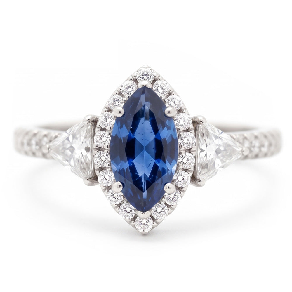 Sapphire Engagement Ring 3 Carat Genuine Marquise Blue Halo Three Stone Platinum