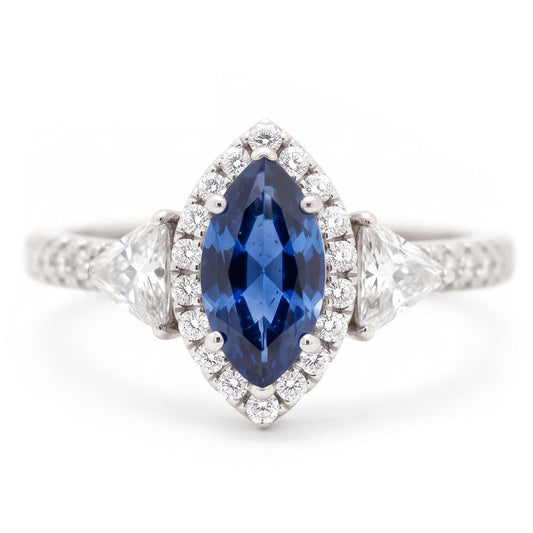 Sapphire Engagement Ring 3 Carat Genuine Marquise Blue Halo Three Stone Platinum