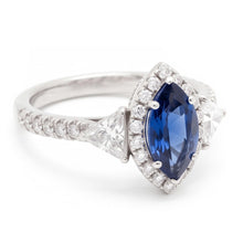 Sapphire Engagement Ring 3 Carat Genuine Marquise Blue Halo Three Stone Platinum