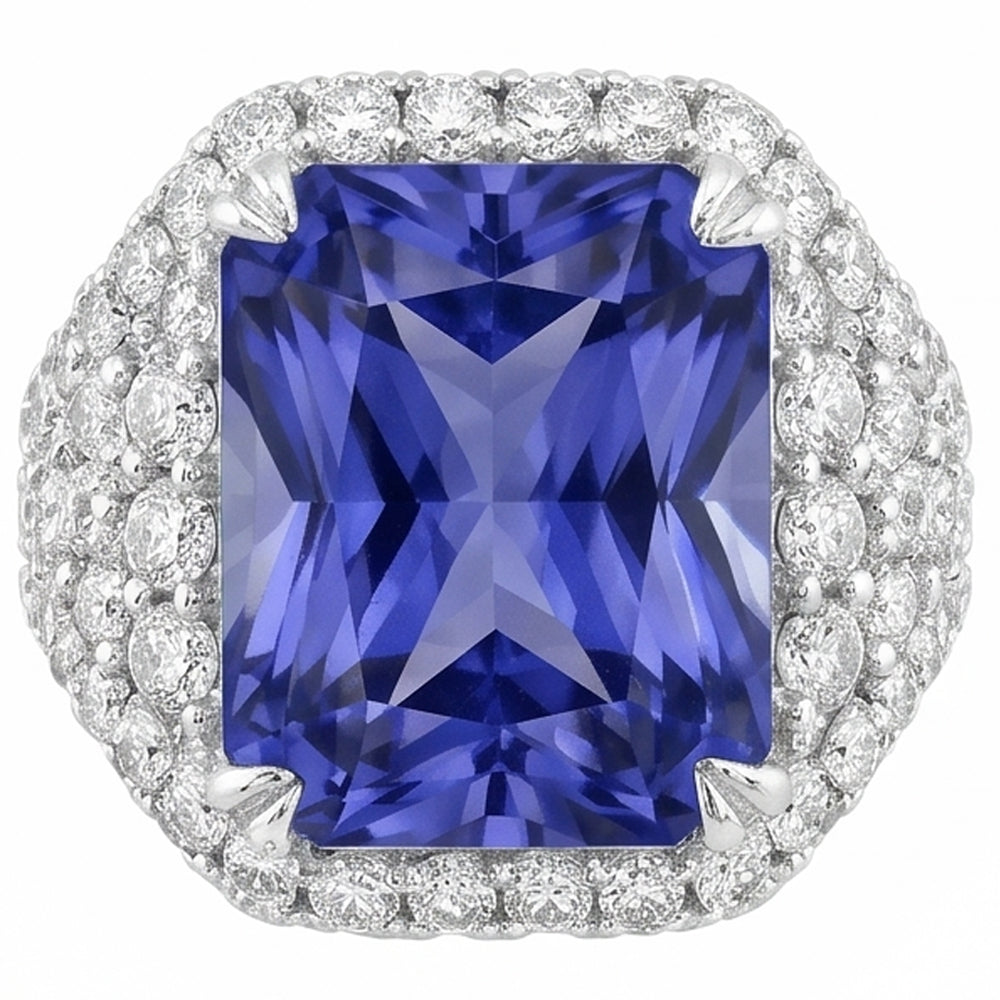 Sapphire Gemstone Ring 4.50 Carats Multi Row Pave Set Natural Earth Mined Diamond Shank