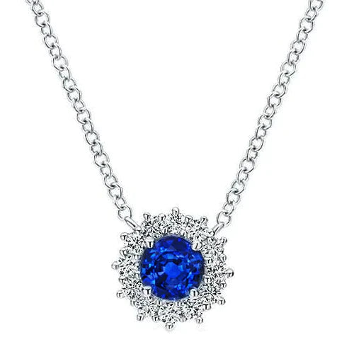 Sapphire Stone Halo Diamond Pendant Necklace