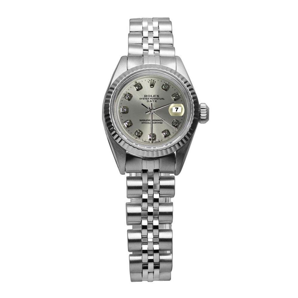 Silver Diamond Dial Fluted Bezel Date Watch