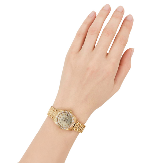 Silver Natural Earth Mined Diamond Dial Rolex Watch President Style Yg Bezel P2