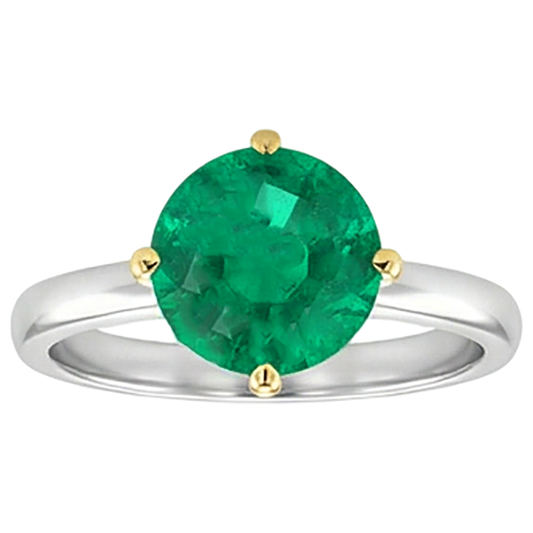Colombian Emerald Round Brilliant Precious Stone Ring in 14K Two Tone Gold – front view