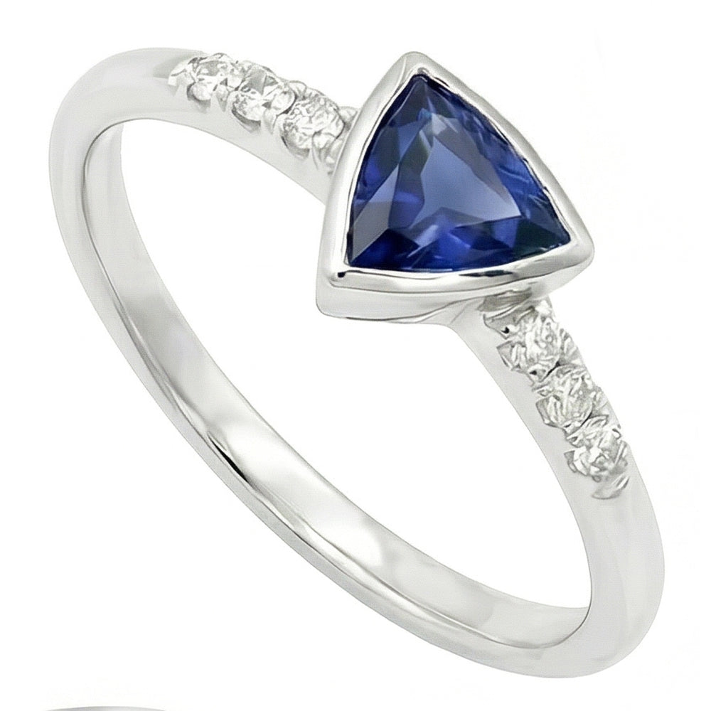 Small Round Natural Earth Mined Diamond Ring Trillion Bezel Set Blue Sapphire 0.75 Carats