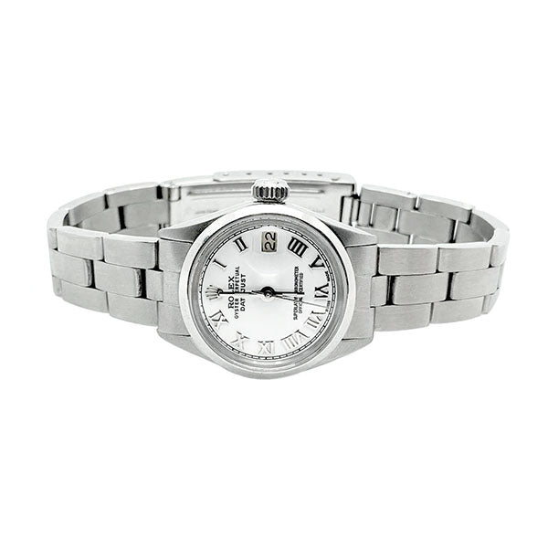 Smooth Bezel White Roman Dial Rolex Datejust Women Watch Ss Oyster