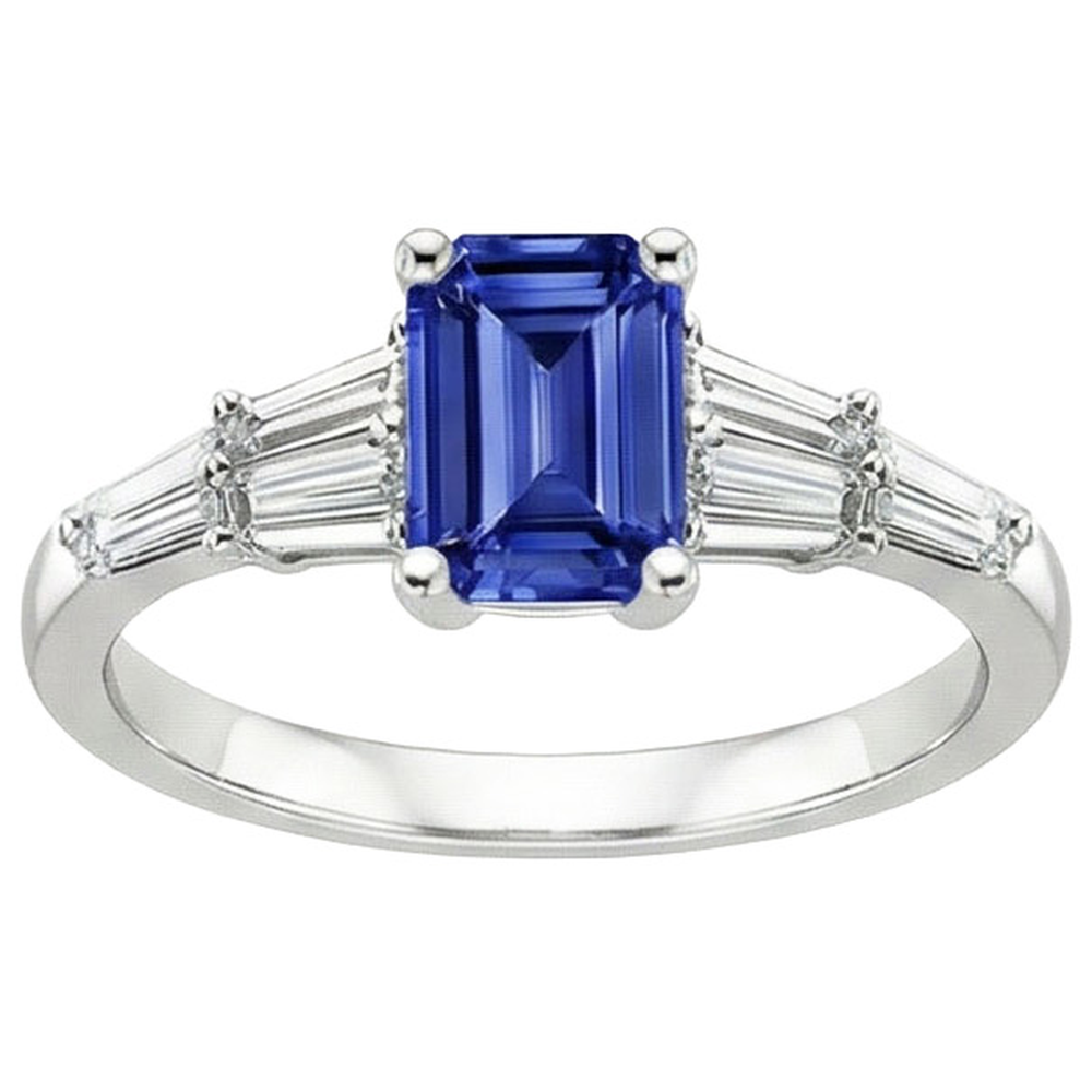 Solitaire Accents Ring Baguette & Emerald Ceylon Sapphire 4 Carats