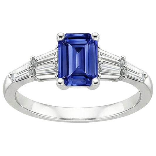 Solitaire Accents Ring Baguette & Emerald Ceylon Sapphire 4 Carats