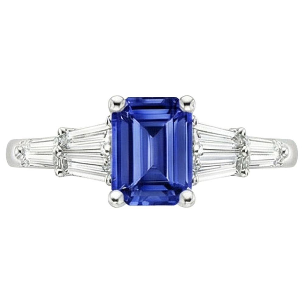 Solitaire Accents Ring Baguette & Emerald Ceylon Sapphire 4 Carats