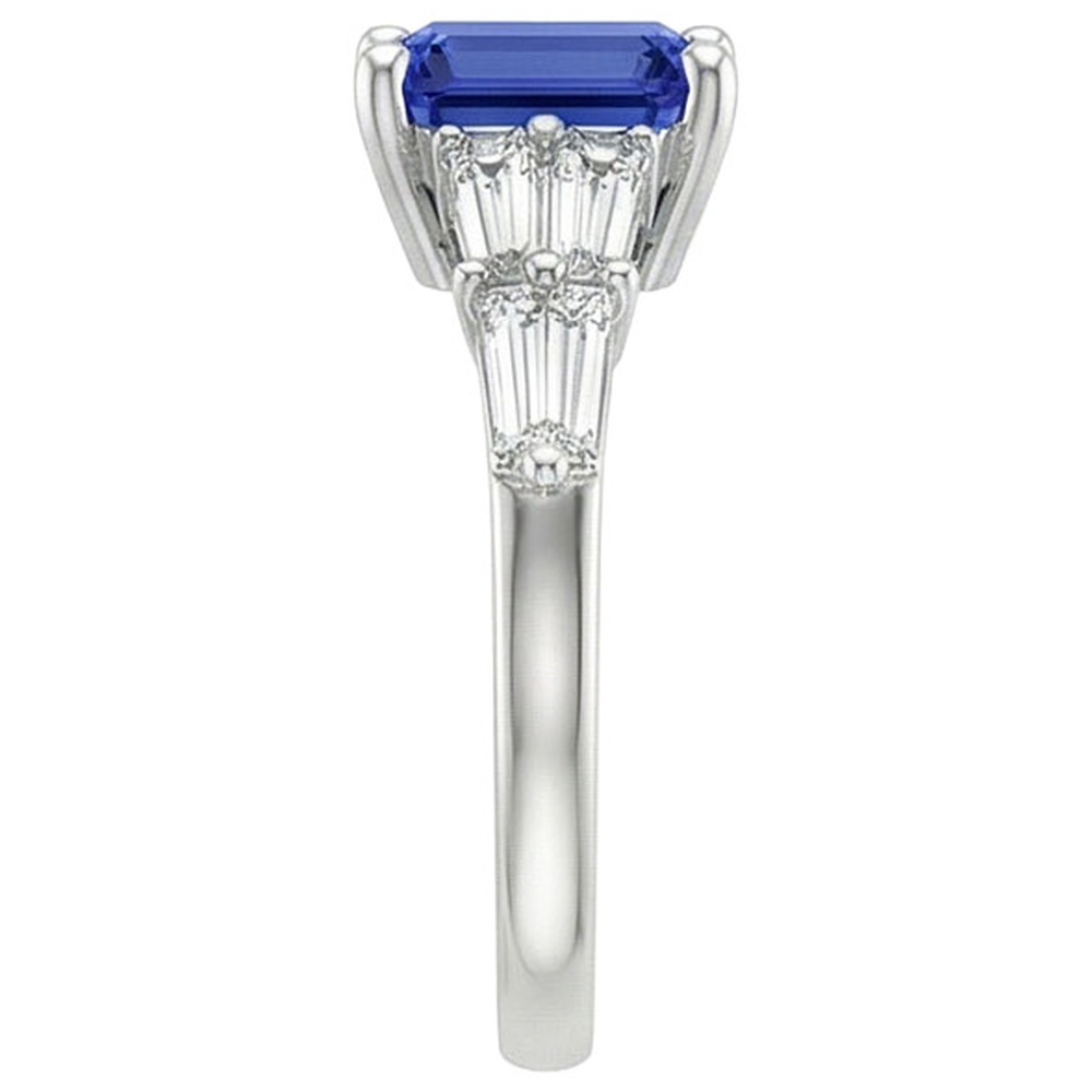 Solitaire Accents Ring Baguette & Emerald Ceylon Sapphire 4 Carats