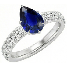 Solitaire Accents Ring Pear Blue Sapphire & Natural Earth Mined Diamonds 5 Carats Pave Set