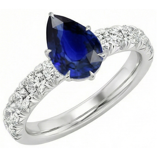 Solitaire Accents Ring Pear Blue Sapphire & Natural Earth Mined Diamonds 5 Carats Pave Set