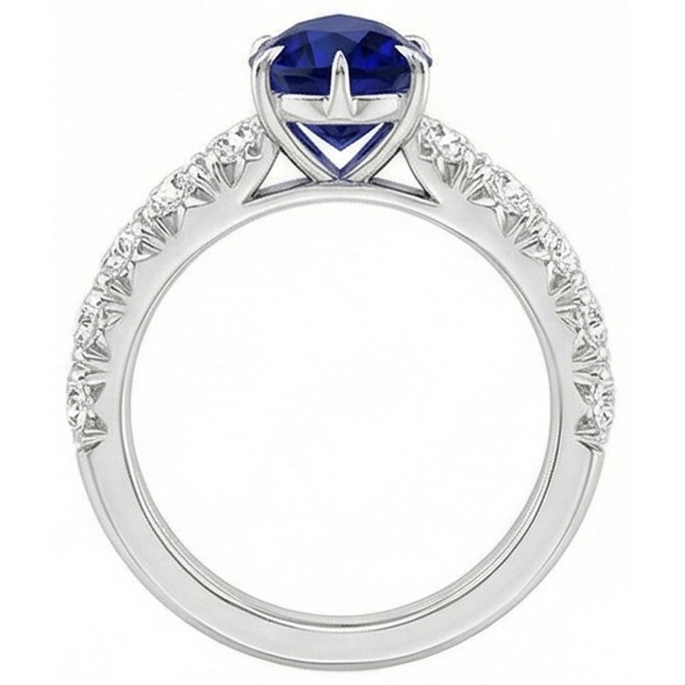 Solitaire Accents Ring Pear Blue Sapphire & Natural Earth Mined Diamonds 5 Carats Pave Set